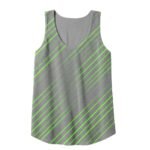 Dark gray sleeveless tank top with neon green diagonal stripe pattern, scoop neckline and wide racerback-style armholes.
