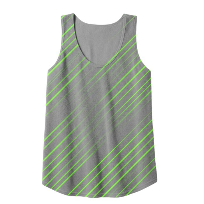 Dark gray sleeveless tank top with neon green diagonal stripe pattern, scoop neckline and wide racerback-style armholes.