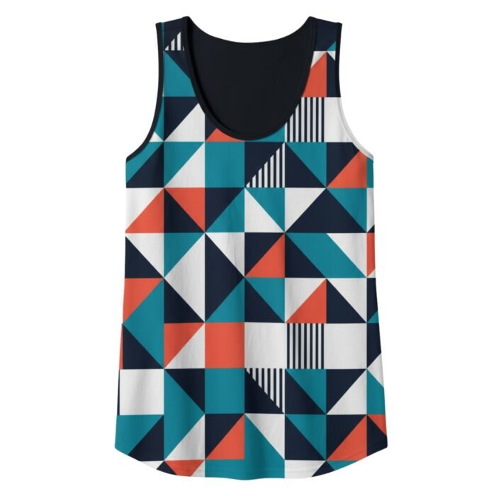 Color-block patterned sleeveless tank top with a scoop neckline and racerback-style wide armholes.