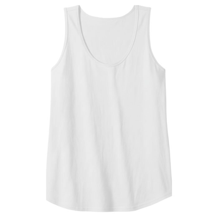 White sleeveless tank top with a scoop neckline and a classic straight hem.