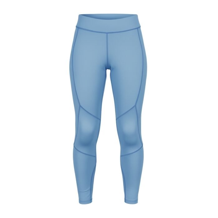 Front view of blue high-waisted athletic leggings with defined stitching for a modern and comfortable design.