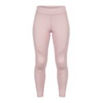 A pair of high-waisted blush pink athletic leggings featuring sleek seam detailing, designed for comfort and style