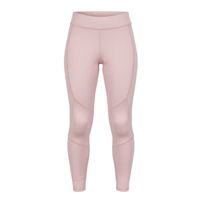A pair of high-waisted blush pink athletic leggings featuring sleek seam detailing, designed for comfort and style