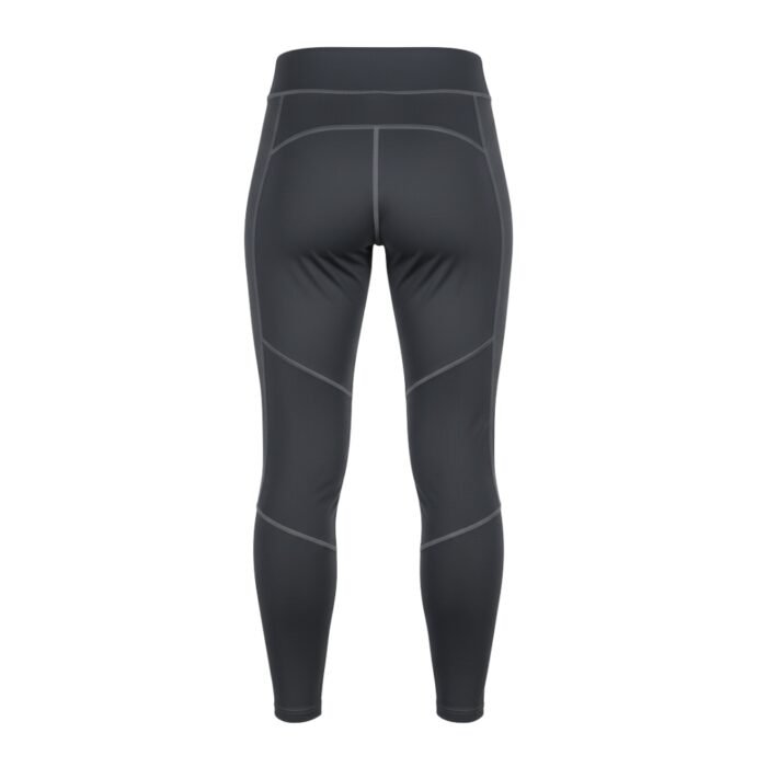 Back view of dark gray high-waisted athletic leggings with stitched detailing, designed for active wear.