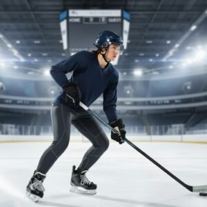 A hockey player in a navy jersey and gray pants skating on an ice rink. They hold a hockey stick, poised for action, with a digital scoreboard visible in the background.