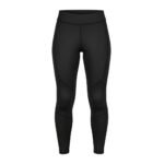 Front view of black high-waisted athletic leggings with defined stitching for a sleek and functional design
