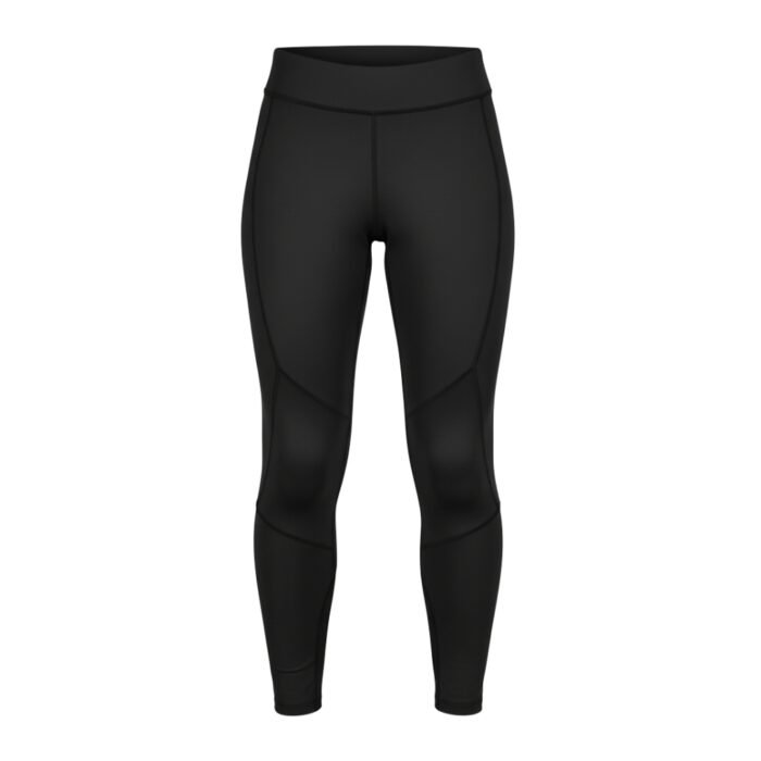 Front view of black high-waisted athletic leggings with defined stitching for a sleek and functional design