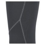 Close-up of dark gray athletic leggings showing detailed stitching and fabric texture.