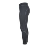 Side view of dark gray high-waisted athletic leggings with stitched detailing, showcasing the snug and stylish fit.