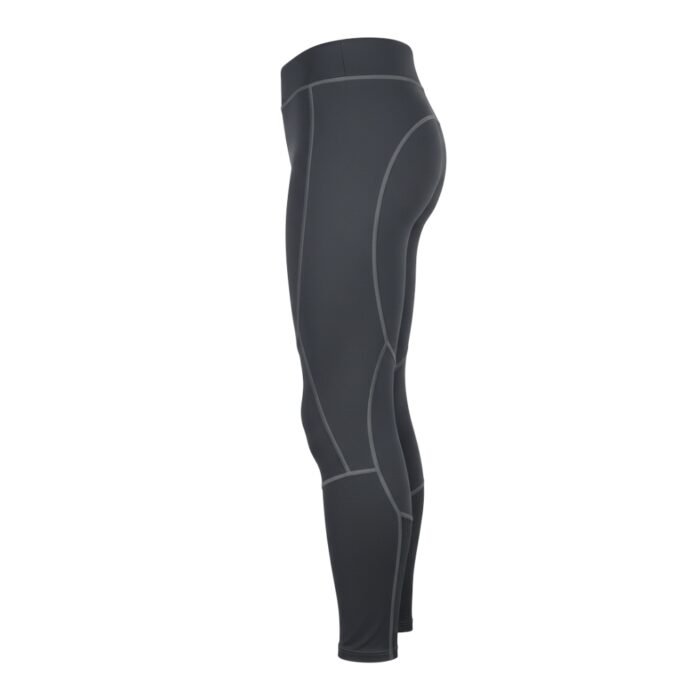 Side view of dark gray high-waisted athletic leggings with stitched detailing, showcasing the snug and stylish fit.