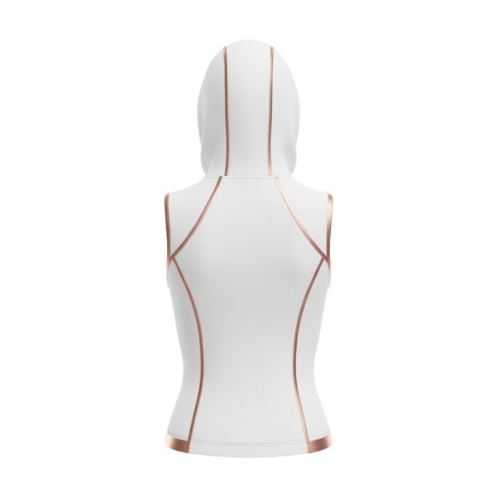 Back view of a sleeveless white hoodie with gold accents and a fitted design.