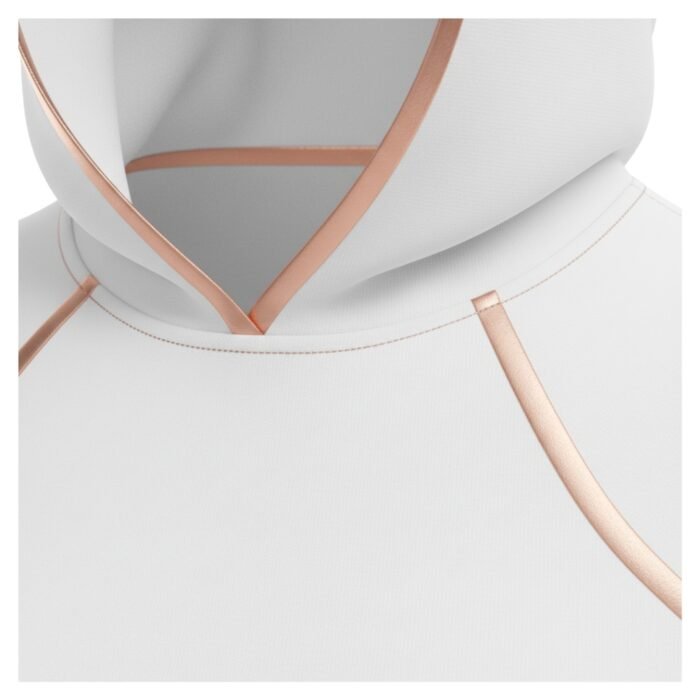 Close-up of a white hoodie with rose gold accents along the seams and edge of the hood.