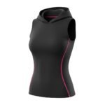 A sleeveless black hooded athletic top with bright pink seam accents, tailored for a fitted look.