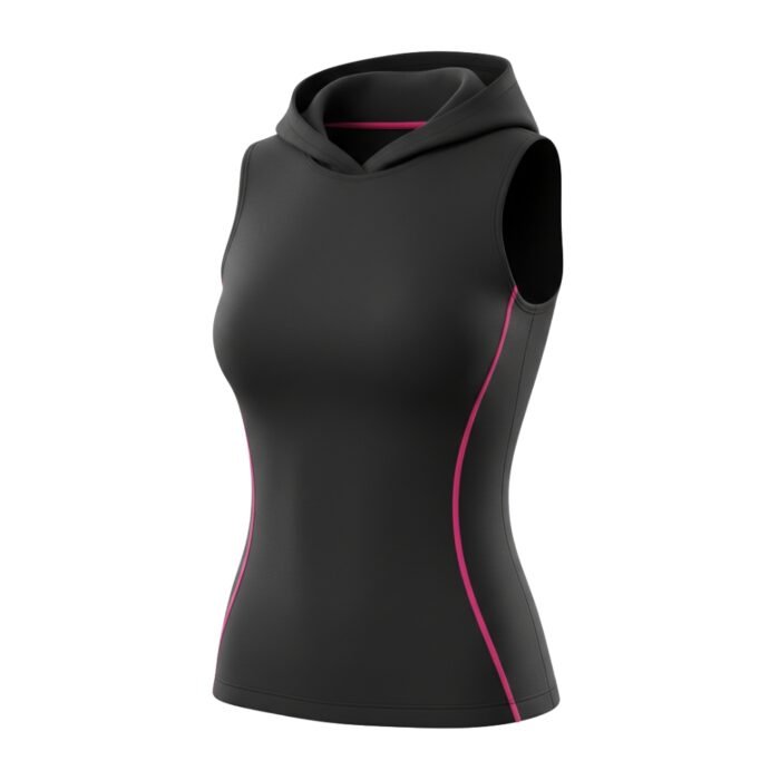 A sleeveless black hooded athletic top with bright pink seam accents, tailored for a fitted look.