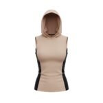 A sleeveless beige hooded athletic top with black side panel accents, designed for a fitted, sporty look