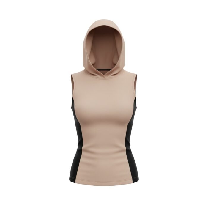 A sleeveless beige hooded athletic top with black side panel accents, designed for a fitted, sporty look
