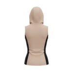 Rear view of a sleeveless beige hooded athletic top with black side panel accents, showcasing a smooth, fitted design.