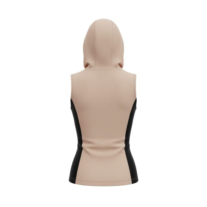 Rear view of a sleeveless beige hooded athletic top with black side panel accents, showcasing a smooth, fitted design.
