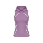 A sleeveless purple hooded athletic top with white seam accents, featuring a fitted and sporty design.