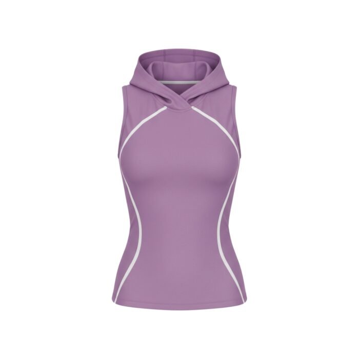A sleeveless purple hooded athletic top with white seam accents, featuring a fitted and sporty design.