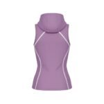 Rear view of a sleeveless purple hooded athletic top with white seam accents, showcasing a fitted design and sporty details.