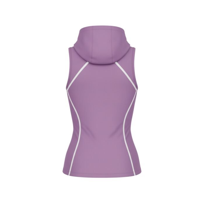 Rear view of a sleeveless purple hooded athletic top with white seam accents, showcasing a fitted design and sporty details.