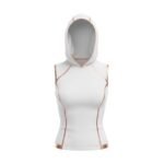 A sleeveless white hooded top with rose gold accents along the seams and edges, displayed on a plain white background.