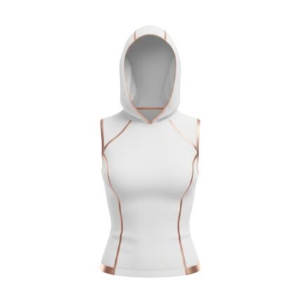 A sleeveless white hooded top with rose gold accents along the seams and edges, displayed on a plain white background.