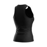 A rear view of a black women’s athletic tank top with a subtle geometric pattern and a fitted design.