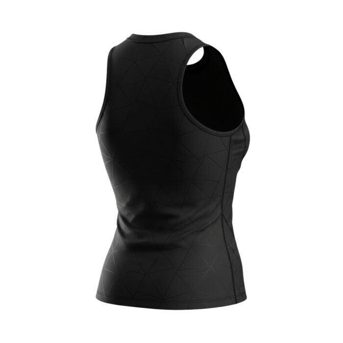 A rear view of a black women’s athletic tank top with a subtle geometric pattern and a fitted design.