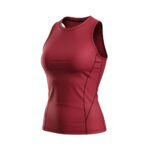 Red athletic tank top with a fitted design and sleek seam accents, displayed at an angle.