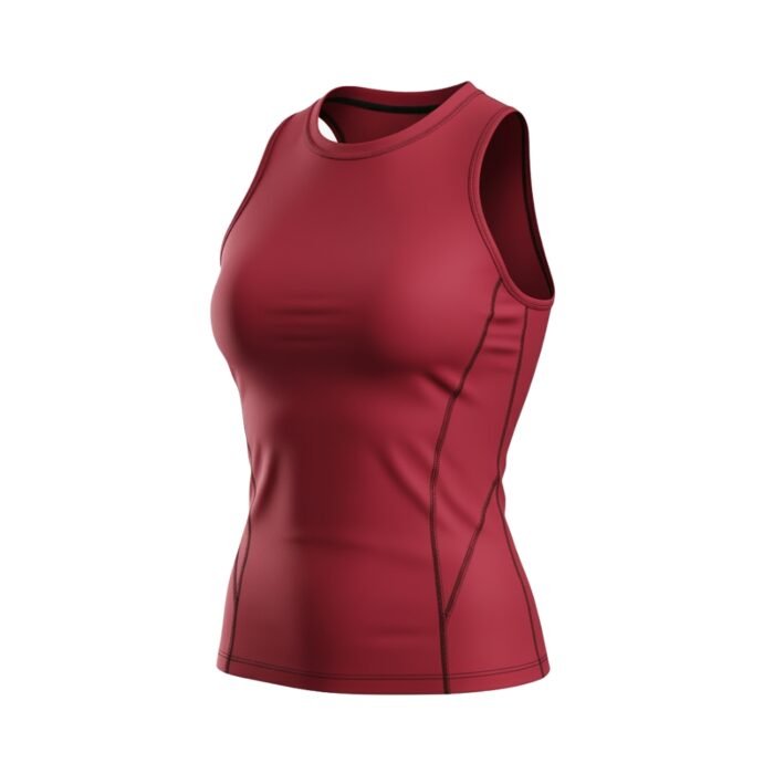 Red athletic tank top with a fitted design and sleek seam accents, displayed at an angle.