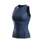 A dark blue women's sleeveless athletic top featuring a subtle geometric triangle pattern and dark side stitching, displayed on a plain white background