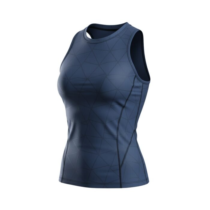A dark blue women's sleeveless athletic top featuring a subtle geometric triangle pattern and dark side stitching, displayed on a plain white background