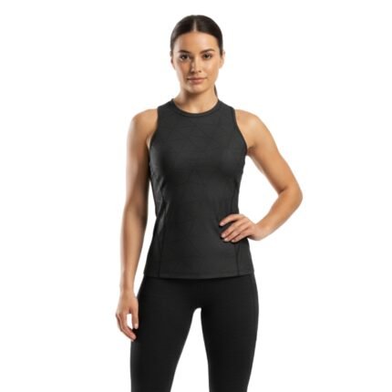 A woman wearing a black athletic tank top with a subtle geometric pattern and matching black leggings.