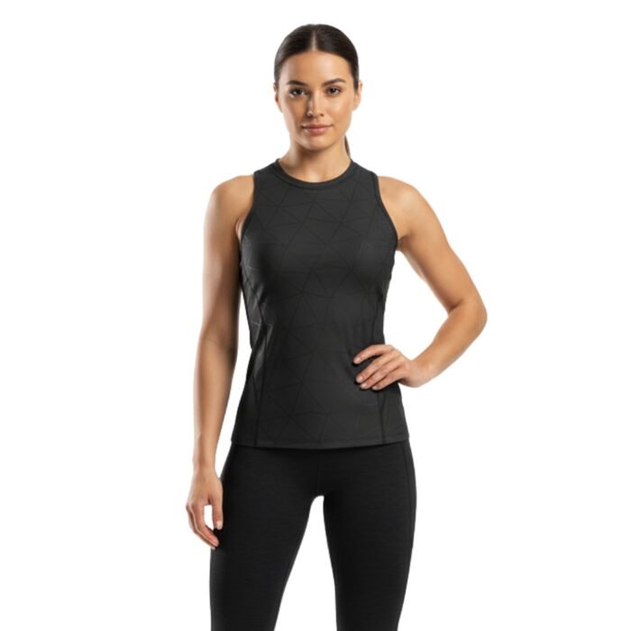 A woman wearing a black athletic tank top with a subtle geometric pattern and matching black leggings.
