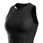Close-up of the upper section of a black athletic tank top featuring a subtle geometric pattern and a sleek neckline