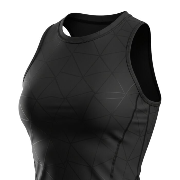 Close-up of the upper section of a black athletic tank top featuring a subtle geometric pattern and a sleek neckline