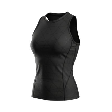 A sleek, black women’s athletic tank top with a subtle geometric pattern and a fitted design.