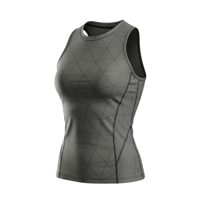Gray athletic tank top with a subtle geometric pattern and a fitted design, viewed at a slight angle