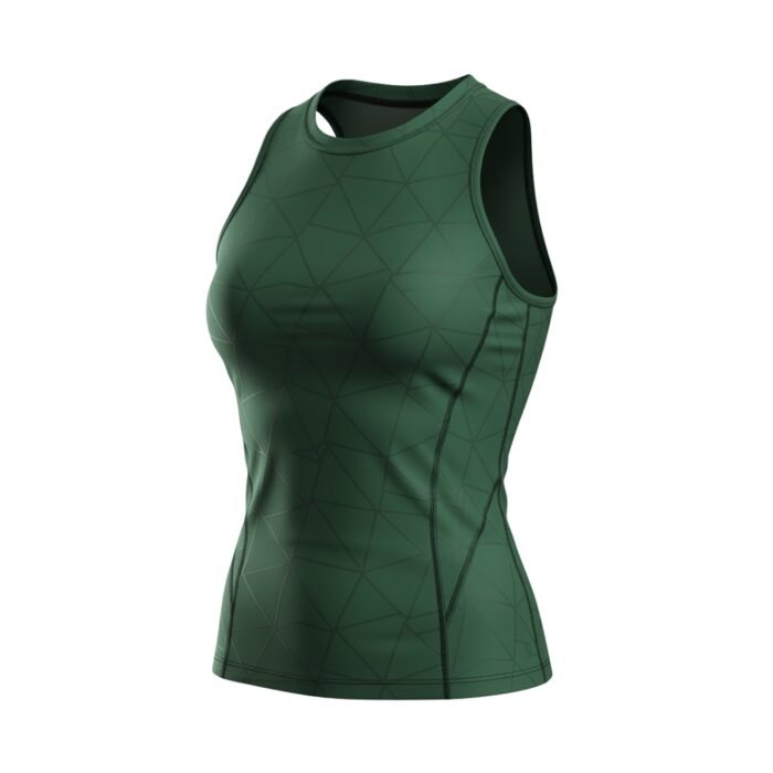 Green athletic tank top with a sleek, fitted design and a subtle geometric pattern, shown at an angle.