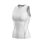 White athletic tank top with a clean, fitted design and subtle seam detailing, shown at an angle.