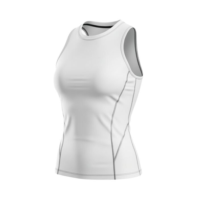 White athletic tank top with a clean, fitted design and subtle seam detailing, shown at an angle.