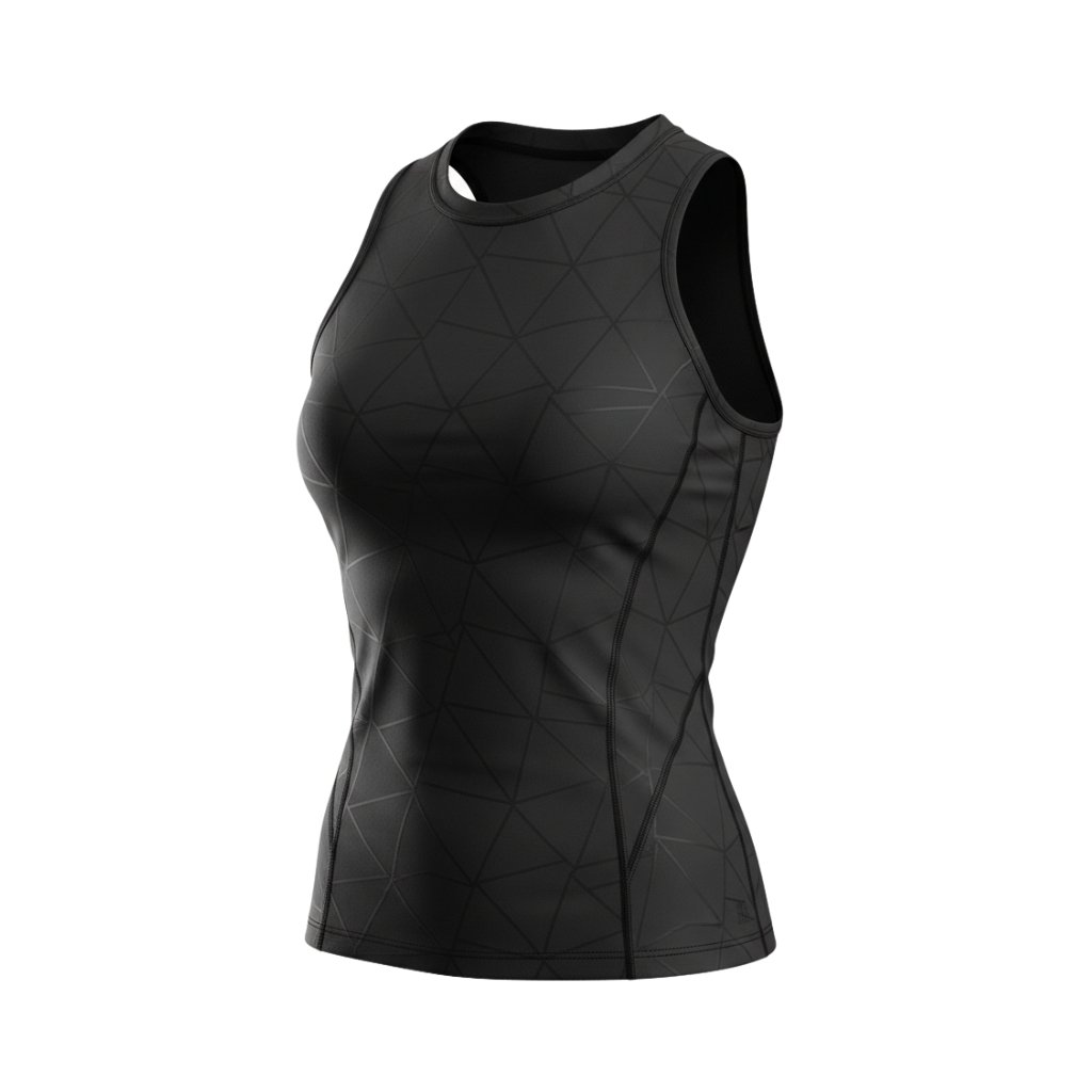 Womens MMA sleeveless vest shirt A sleek, black women’s athletic tank top with a subtle geometric pattern and a fitted design.