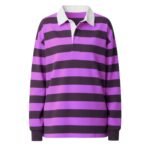 Women’s long-sleeve striped polo shirt in purple and black with a white collar and button placket.
