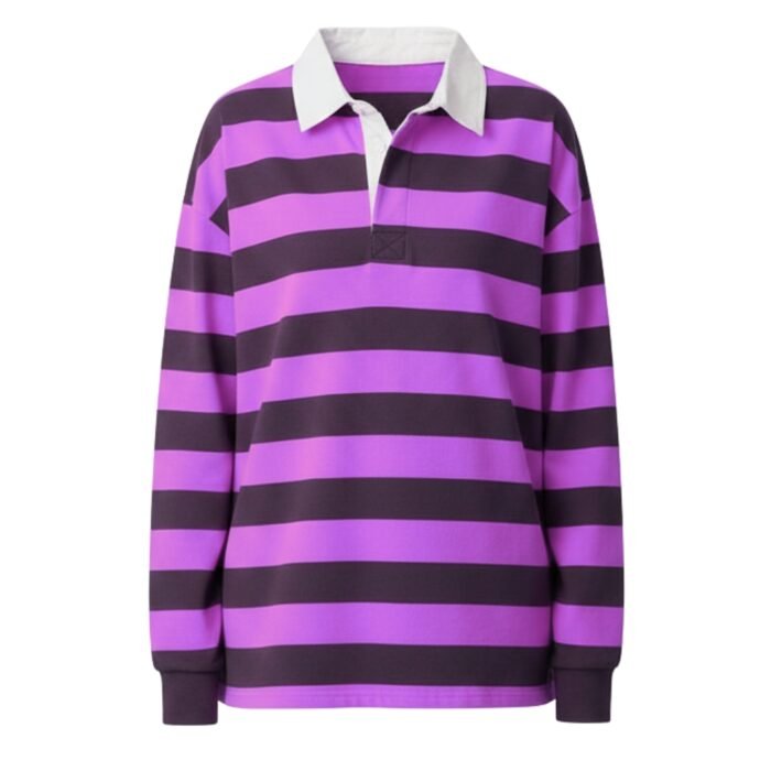 Women’s long-sleeve striped polo shirt in purple and black with a white collar and button placket.