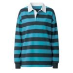 Women’s long-sleeve striped polo shirt in blue and black with a white collar and placket.