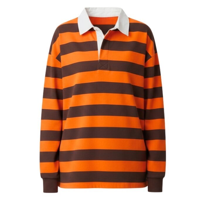 Women’s long-sleeve striped polo shirt in orange and brown with a white collar and button placket.
