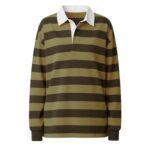 Women’s long-sleeve striped polo shirt in olive, tan, and dark brown with a white collar and button placket.