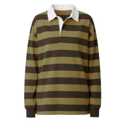 Women’s long-sleeve striped polo shirt in olive, tan, and dark brown with a white collar and button placket.